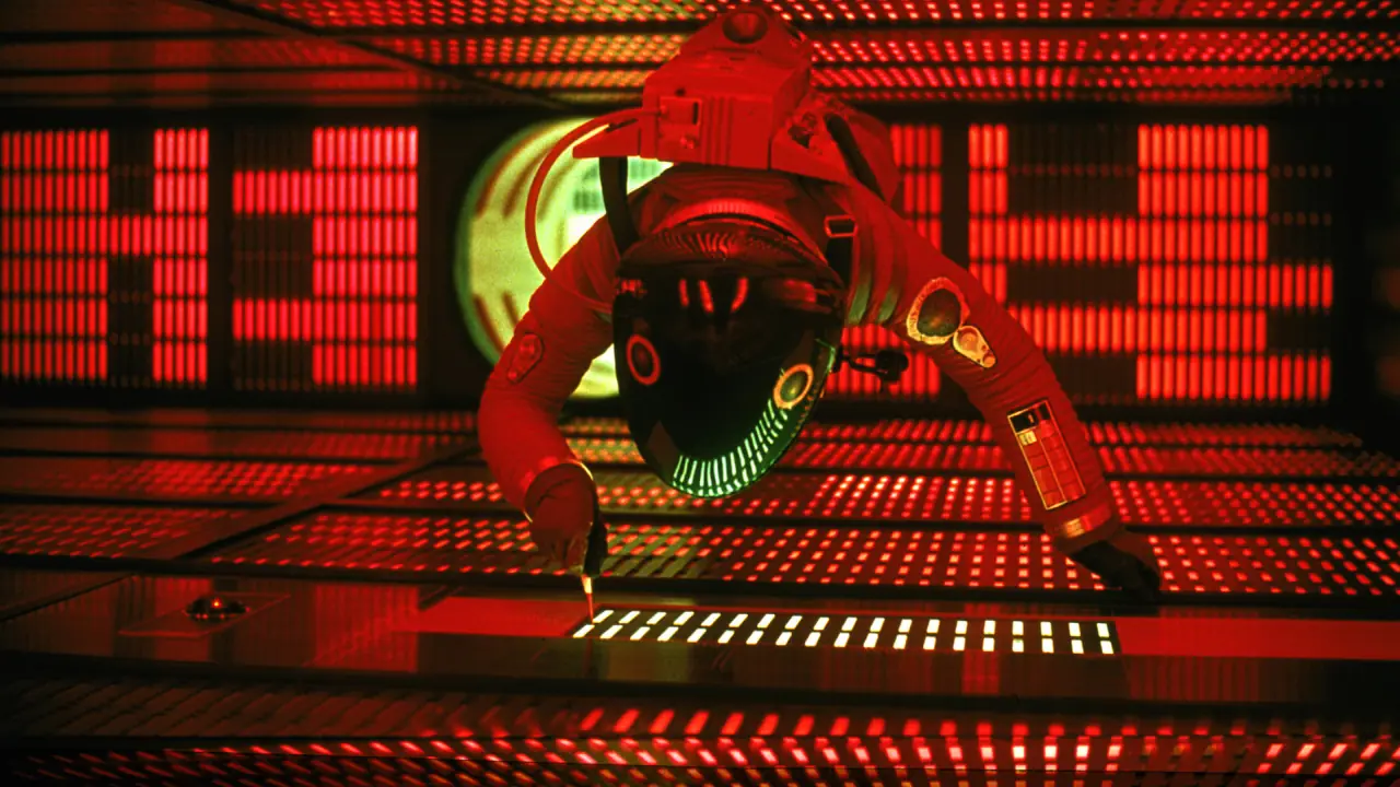 A still from the classic science fiction film '2001: A Space Odyssey' (1968) produced by Metro-Goldwyn-Mayer (MGM). The image depicts a futuristic spacecraft floating in space, surrounded by stars, capturing the film's iconic visual style.