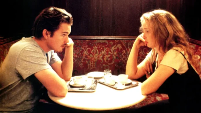 Scene from Before Sunrise (1995) by Castle Rock Entertainment, featuring Jesse and Celine sharing a romantic moment while exploring Vienna. Source: Filmdb.co.uk