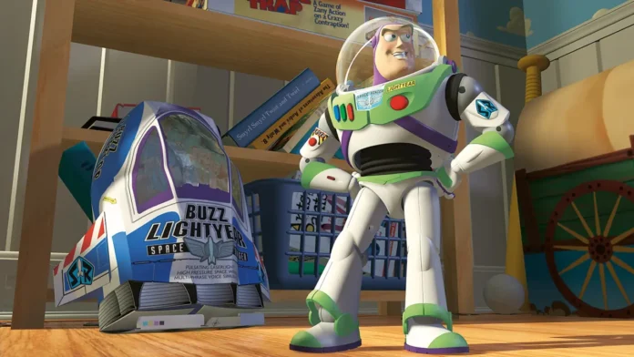 Scene from Toy Story (1995) by Walt Disney Pictures, featuring Woody and Buzz Lightyear interacting in a colorful setting. Source: Filmdb.co.uk