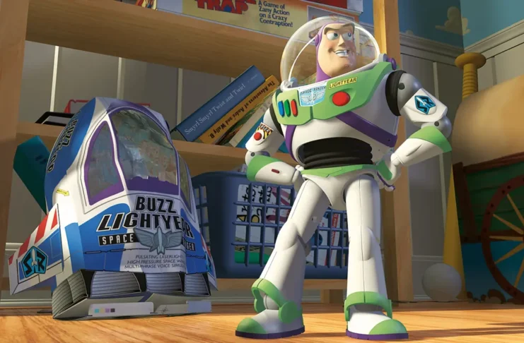 Scene from Toy Story (1995) by Walt Disney Pictures, featuring Woody and Buzz Lightyear interacting in a colorful setting. Source: Filmdb.co.uk