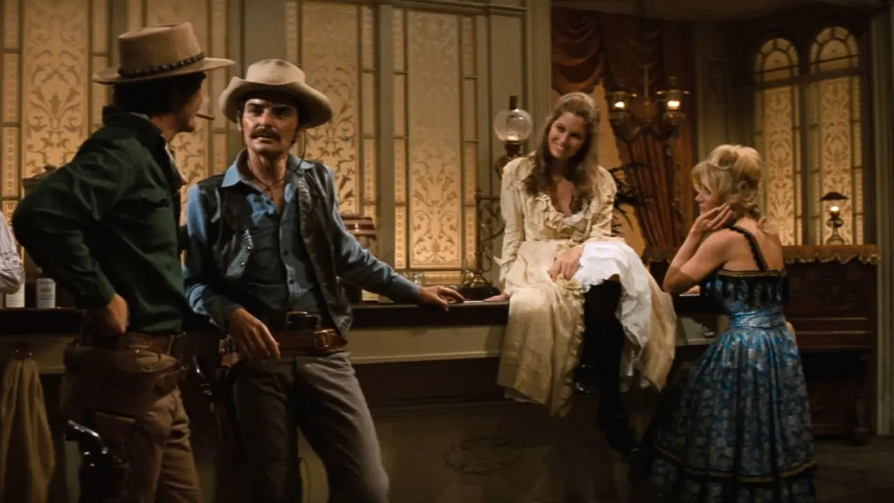 A scene from the film 'Westworld' (1973) produced by Metro-Goldwyn-Mayer (MGM). The image features a robotic gunslinger in a wild west setting, highlighting the film's themes of artificial intelligence and technology in a futuristic theme park.