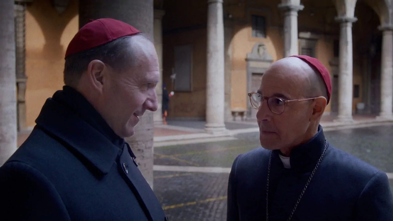 Conclave (2024) movie scene featuring Ralph Fiennes and Stanley Tucci - FilmNation Entertainment